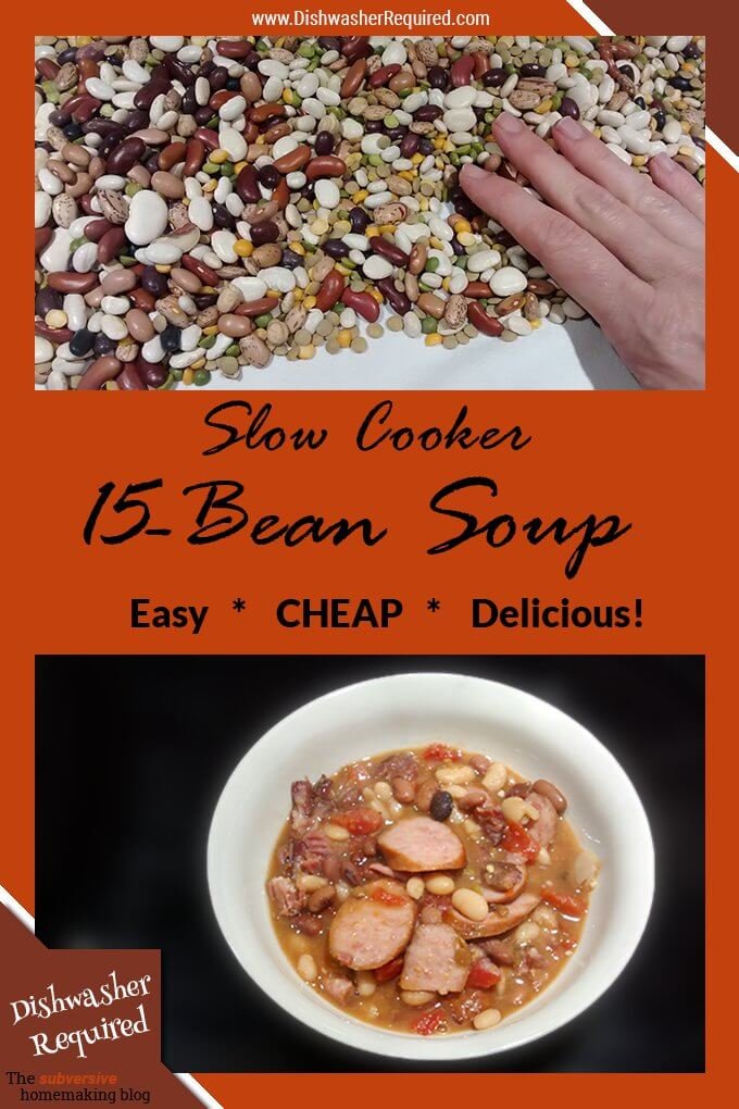 15 Bean soup slow cooker recipe - super simple, super cheap, super delicious. Under $1 per serving!